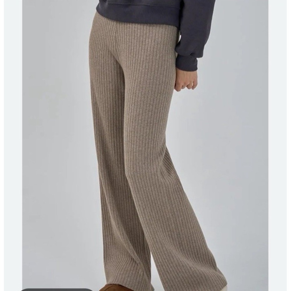 Ribbed Flare Sweater Knit Yoga Pants Leggings Tan Beige Large Crossover‎ Waist